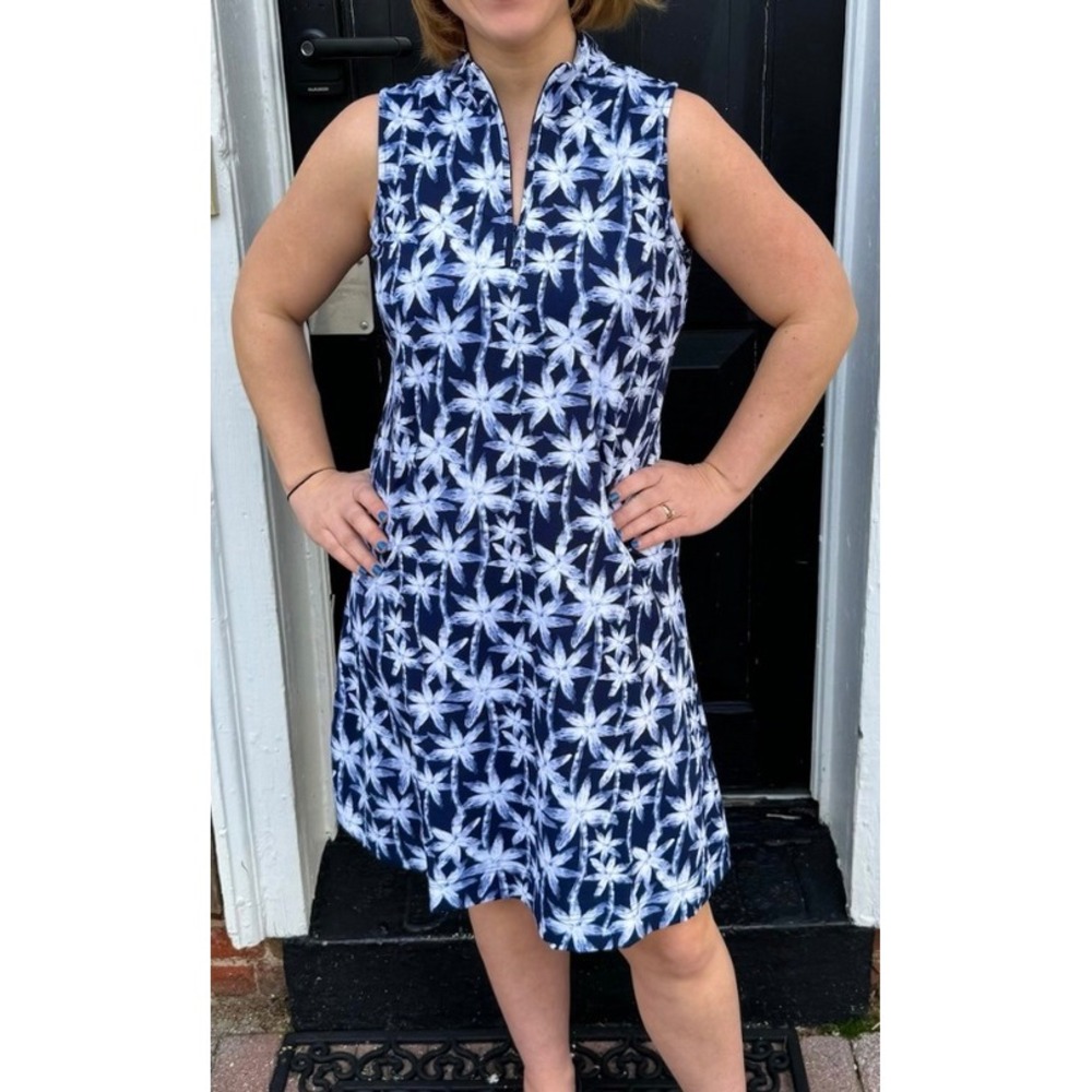 Beachtime by Lulu B Navy White Palm Tree Sleeveless Quarter Zip Dress Womens L